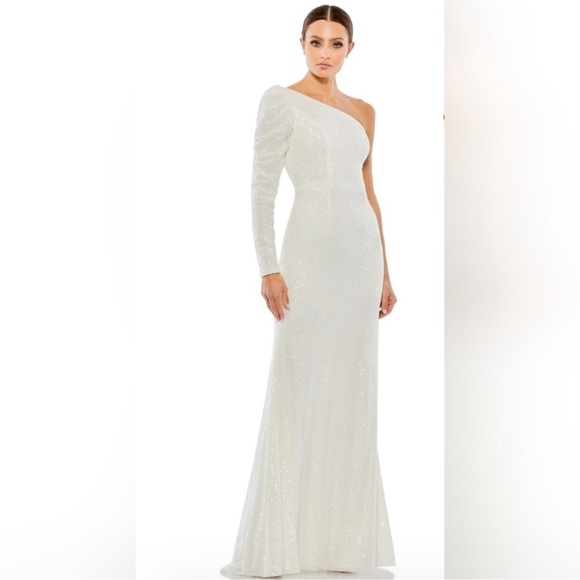 Mac Duggal Dresses & Skirts - NWT Ieena for Mac Duggal White Sequined One Shoulder Trumpet Gown - Size 0